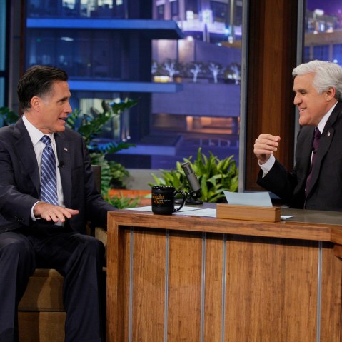 Former Republican presidential candidate, Gov. Mitt Romney talks with Jay Leno during his appearance on The Tonight Show on March 27, 2012 in Burbank, Calif. (Photo by Paul Drinkwater/NBC/AP)
