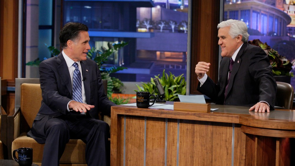 Former Republican presidential candidate, Gov. Mitt Romney talks with Jay Leno during his appearance on The Tonight Show on March 27, 2012 in Burbank, Calif. (Photo by Paul Drinkwater/NBC/AP)