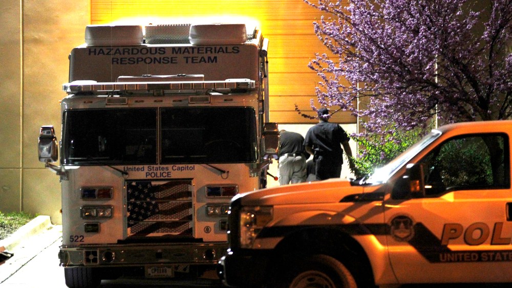 A U.S. Capitol Police hazmat vehicle is parked at a mail processing facility for Congressional mail in Prince George's County where a letter addressed to Sen. Roger Wicker, R-Miss., tested positive for ricin, Tuesday, April 16, 2013, in Hyattsville, Md...