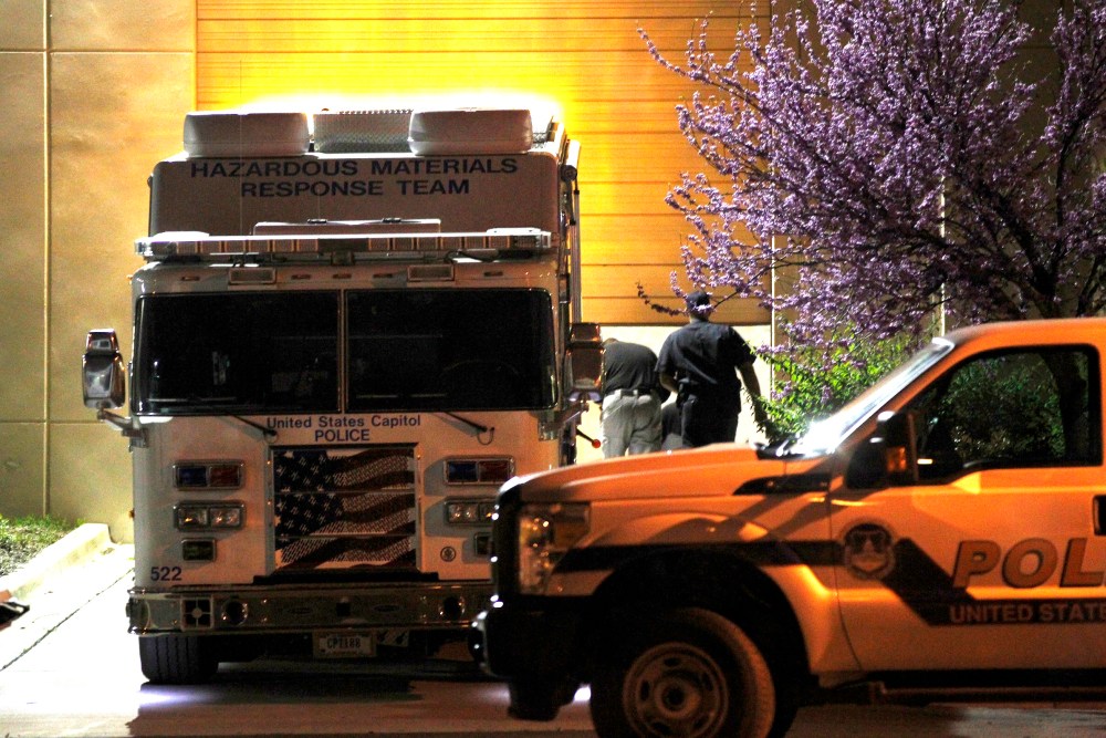 A U.S. Capitol Police hazmat vehicle is parked at a mail processing facility for Congressional mail in Prince George's County where a letter addressed to Sen. Roger Wicker, R-Miss., tested positive for ricin, Tuesday, April 16, 2013, in Hyattsville, Md...
