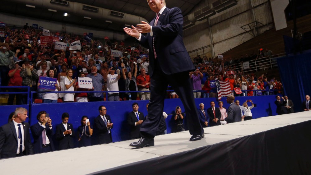 Republican presidential candidate Donald Trump arrives to speak at a campaign rally, Aug. 23, 2016, in Austin, Texas. (Photo by Gerald Herbert/AP)