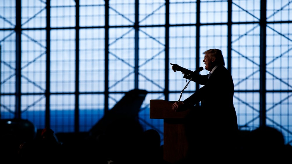 Republican presidential candidate Donald Trump speaks during a campaign rally at Wings Over the Rockies Air and Space Museum, July 29, 2016, in Denver, Colo. (Photo by Evan Vucci/AP)