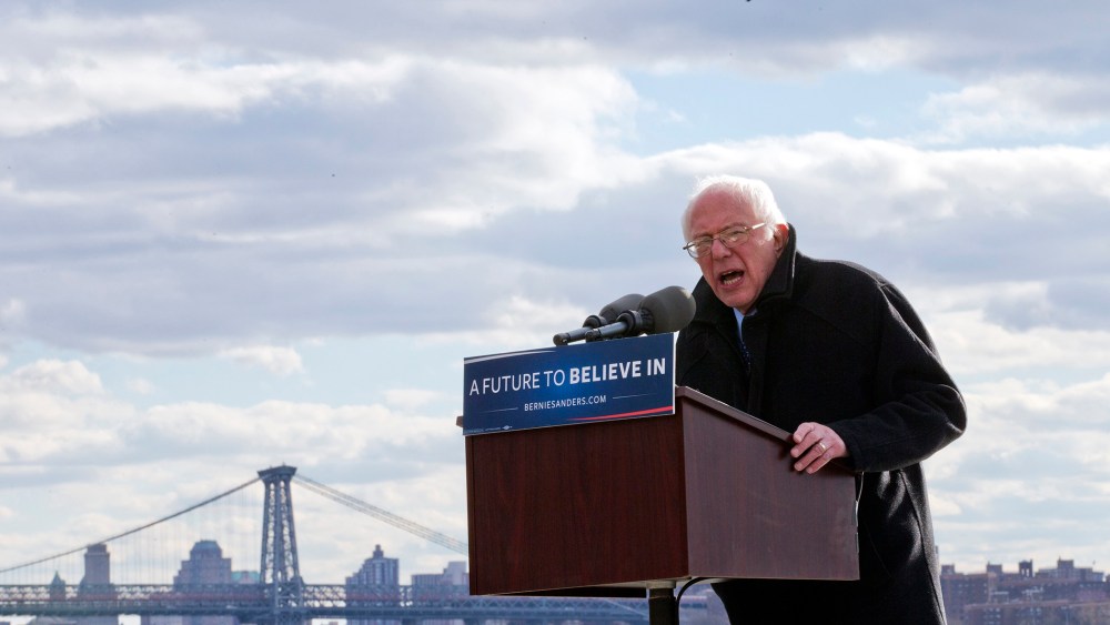 Democratic presidential candidate, Sen. Bernie Sanders speaks during a rally on April 8, 2016 in Brooklyn, N.Y. (Photo by Mary Altaffer/AP)
