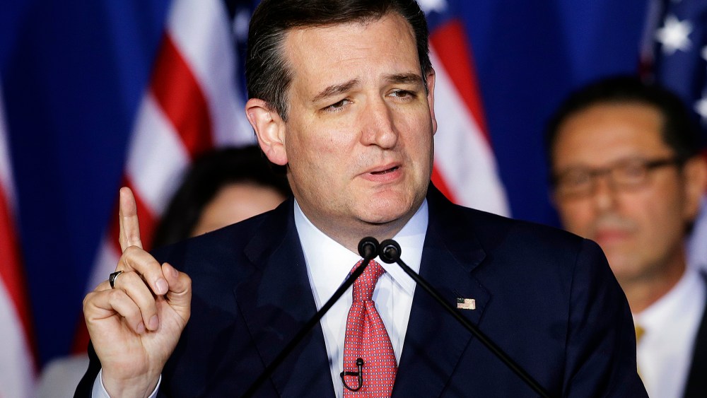 Republican presidential candidate, Sen. Ted Cruz, R-Texas, speaks during a primary night campaign event, May 3, 2016, in Indianapolis. (Photo by Darron Cummings/AP)