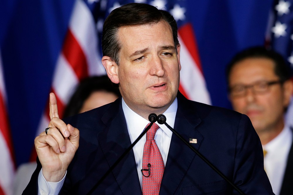 Republican presidential candidate, Sen. Ted Cruz, R-Texas, speaks during a primary night campaign event, May 3, 2016, in Indianapolis. (Photo by Darron Cummings/AP)