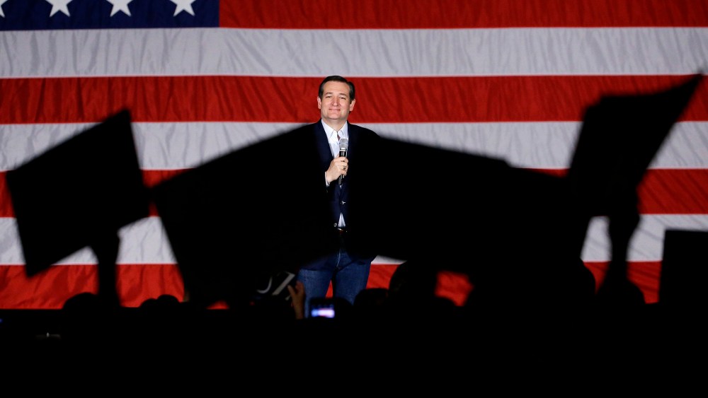 Republican presidential candidate, Sen. Ted Cruz, R-Texas, looks to supporters as he speaks at a campaign stop at Waukesha County Exposition Center, April 4, 2016, in Waukesha, Wis. (Photo by Nam Y. Huh/AP)
