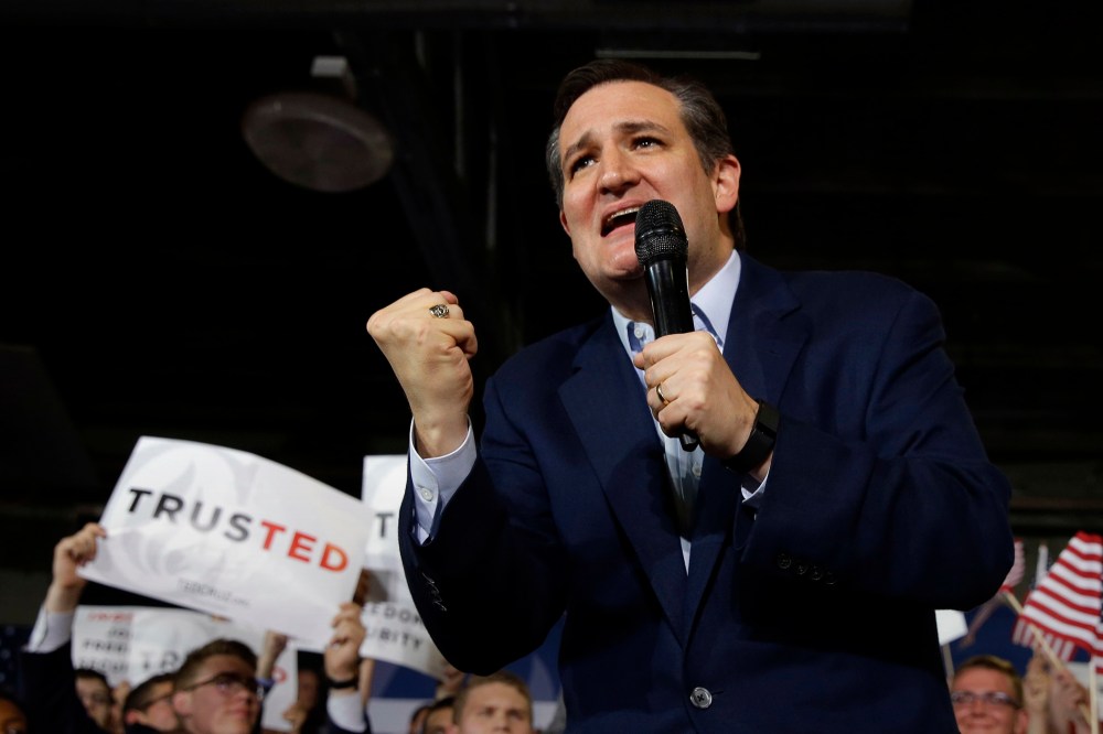 Republican presidential candidate Sen. Ted Cruz, R-Texas, speaks during a rally at the Hoosier Gym in Knightstown, Ind., April 26, 2016. (Photo by Michael Conroy/AP)