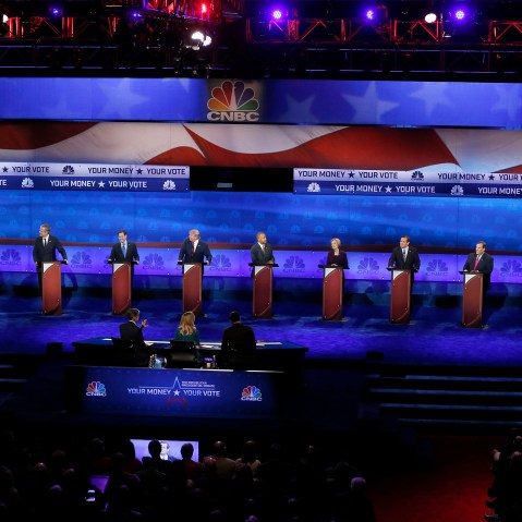 The Republican presidential candidates are seen on stage at the CNBC Republican presidential debate at the University of Colorado, Oct. 28, 2015, in Boulder, Colo. (Photo by Brennan Linsley/AP)