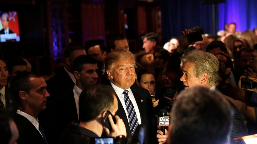 Republican presidential candidate Donald Trump speaks to the media after a news conference, March 5, 2016, in West Palm Beach, Fla. (Photo by Brynn Anderson/AP)