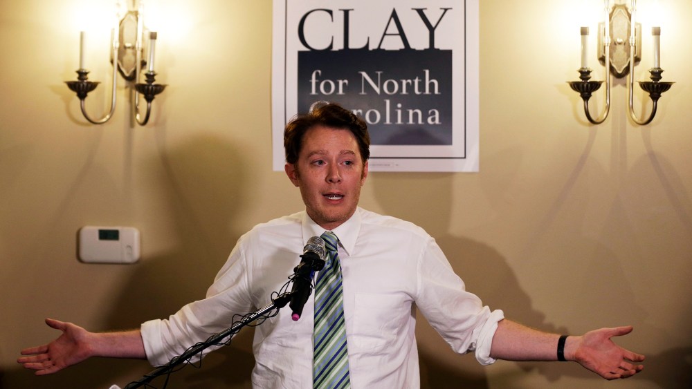 Clay Aiken speaks to supporters during an election night watch party in Holly Springs, N.C., Tuesday, May 6, 2014.