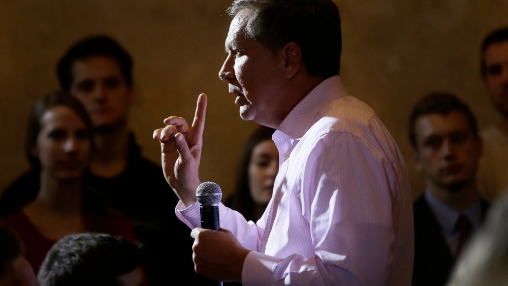Republican presidential candidate Ohio Gov. John Kasich addresses supporters during a campaign stop at Michigan State University, Feb. 15, 2016, in East Lansing, Mich. (Photo by Carlos Osorio/AP)