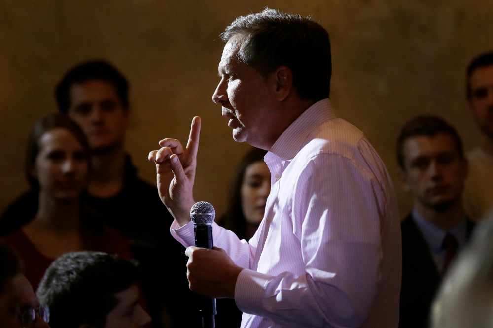 Republican presidential candidate Ohio Gov. John Kasich addresses supporters during a campaign stop at Michigan State University, Feb. 15, 2016, in East Lansing, Mich. (Photo by Carlos Osorio/AP)