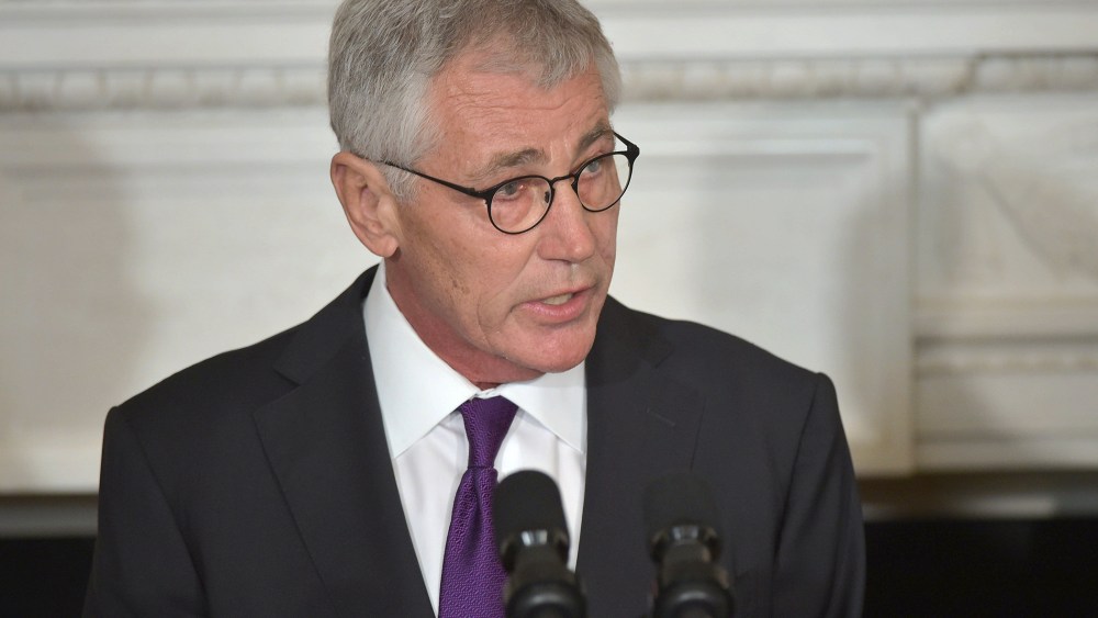 US Defense Secretary Chuck Hagel speaks during a press conference where President Barack Obama announced Hagel's departure at the White House on Nov. 24, 2014 in Washington, DC. (Mandel Ngan/AFP/Getty)