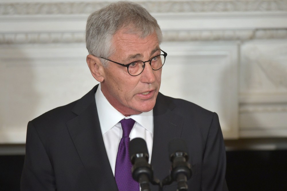 US Defense Secretary Chuck Hagel speaks during a press conference where President Barack Obama announced Hagel's departure at the White House on Nov. 24, 2014 in Washington, DC. (Mandel Ngan/AFP/Getty)