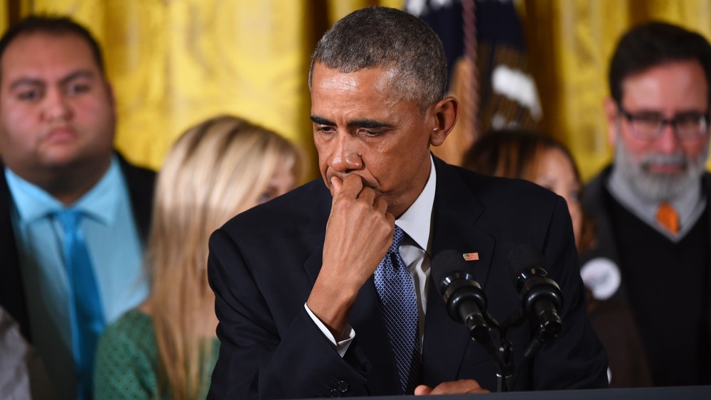 President Barack Obama pauses as he delivers a statement on executive actions to reduce gun violence on Jan. 5, 2016 at the White House in Washington, D.C. (Photo by Nicholas Kamm/AFP/Getty)