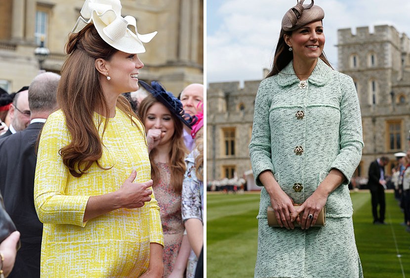 (L) Catherine, Duchess of Cambridge attends a Garden Party in the grounds of Buckingham Palace hosted by Queen Elizabeth II on May 22, 2013. (Photo by John Stillwell/WPA Pool/Getty Images) and (R) Catherine, Duchess of Cambridge attends the National...