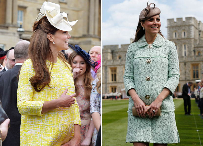 (L) Catherine, Duchess of Cambridge attends a Garden Party in the grounds of Buckingham Palace hosted by Queen Elizabeth II on May 22, 2013. (Photo by John Stillwell/WPA Pool/Getty Images) and (R) Catherine, Duchess of Cambridge attends the National...