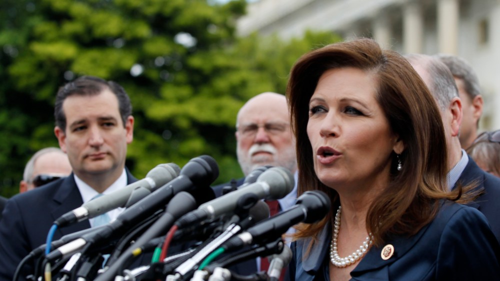 Rep. Michele Michele Bachmann, chair of the Tea Party Caucus, speaks on Capitol Hill, Thursday, May 16, 2013, during a news conference with Tea Party leaders. (Photo by Molly Riley/AP)