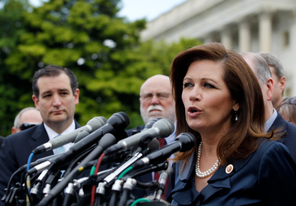 Rep. Michele Michele Bachmann, chair of the Tea Party Caucus, speaks on Capitol Hill, Thursday, May 16, 2013, during a news conference with Tea Party leaders. (Photo by Molly Riley/AP)