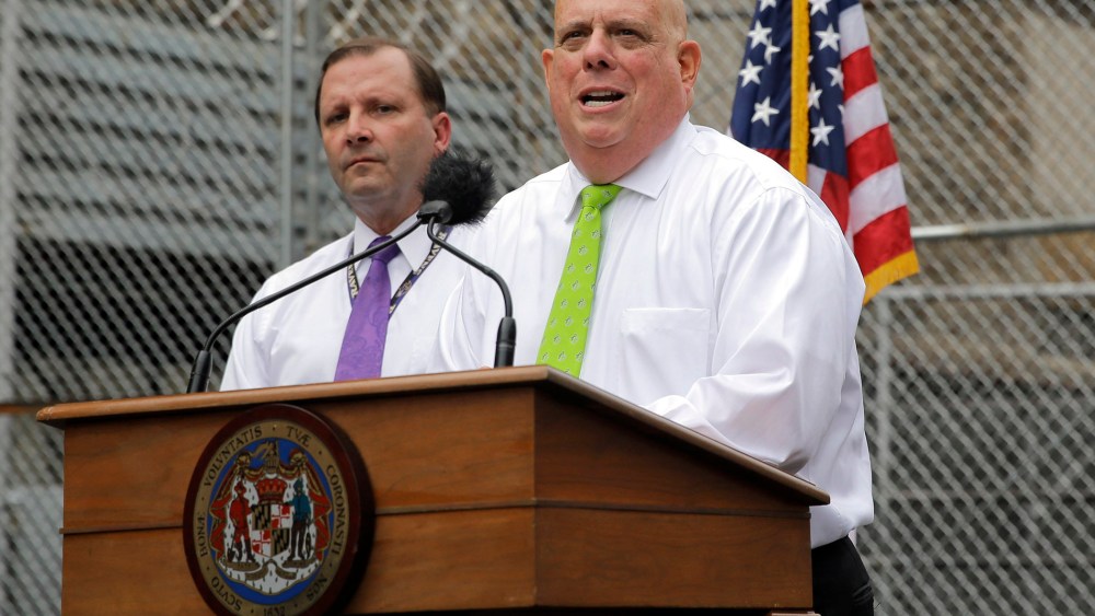Maryland Gov. Larry Hogan speaks at Baltimore City Detention Center, July 30, 2015, in Baltimore. (Photo by Patrick Semansky/AP)
