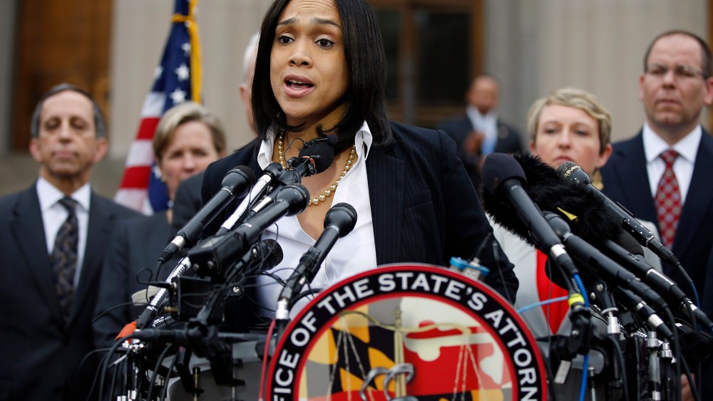 Marilyn Mosby, Baltimore state's attorney, speaks during a media availability, on May 1, 2015 in Baltimore. (Photo by Alex Brandon/AP)