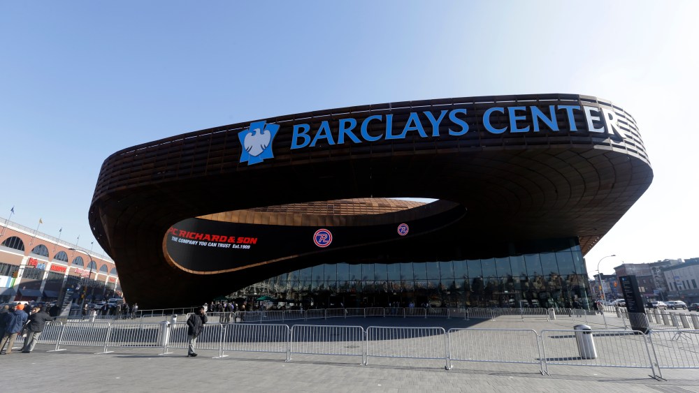 The Front of the Barclays center is shown Thursday, Feb. 14, 2013, in New York. (AP Photo/Frank Franklin II)