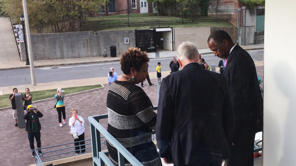 Republican presidential candidate Dr. Ben Carson stands on the balcony where Dr. Martin Luther King Jr. was assassinated at the National Civil Rights Museum at the Lorraine Motel on Friday, Oct. 30, 2015. (Photo by Shaquille Brewster/MSNBC)
