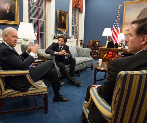Vice President Biden, actor Bradley Cooper and director David O. Russell meet on Feb. 7, 2013. (Photo by David Lienemann/White House)