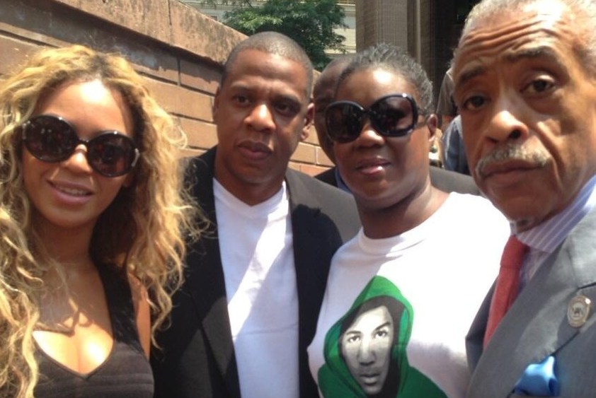 Beyonce, Jay Z, Trayvon Martin's mother Sybrina Fulton, and Rev. Al Sharpton at a "Justice for Trayvon" vigil in New York City, July 20, 2013. (Photo from Al Sharpton via twitter)