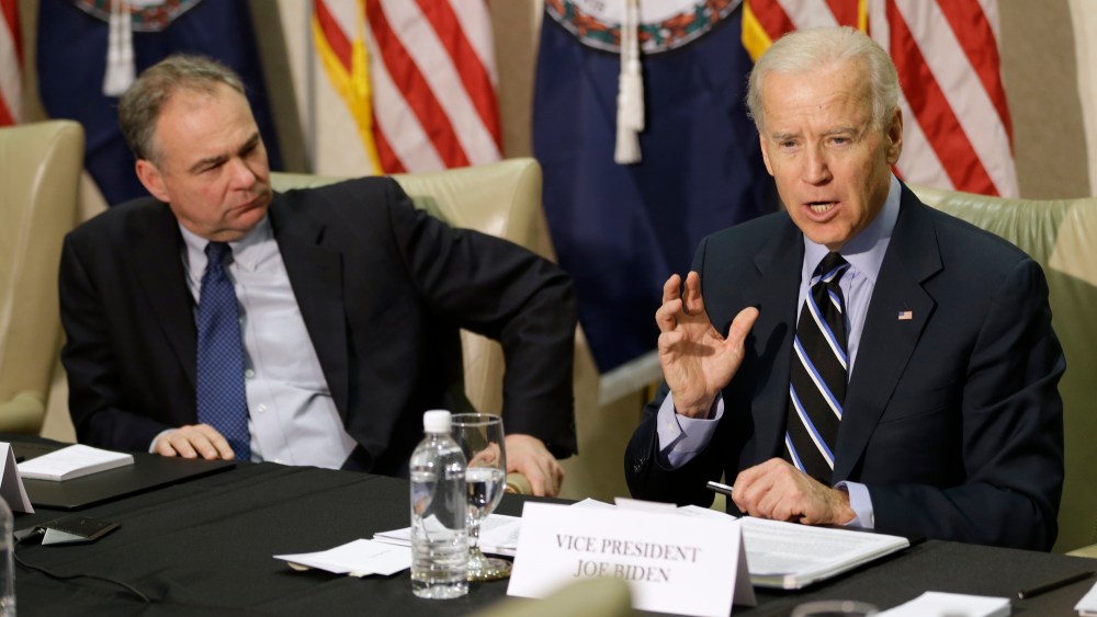 Sen. Tim Kaine, D-Va. listens at left as Vice President Joe Biden gestures during a round table discussion on gun violence at Virginia Commonwealth University in Richmond, Va., Friday, Jan. 25, 2013.  The panelists included officials who worked on the...