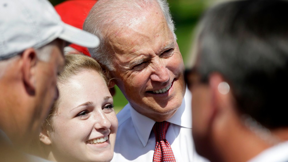 Vice President Joe Biden greets supporters during the kickoff of the Nuns on the Bus tour, on Sept. 17, 2014, at the Statehouse in Des Moines, Iowa. Photo by Charlie Neibergall/AP