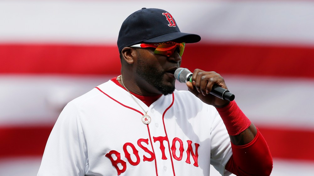 Boston Red Sox's David Ortiz speaks to the crowd before a baseball against the Kansas City Royals in Boston, Saturday, April 20, 2013. (AP Photo/Michael Dwyer)