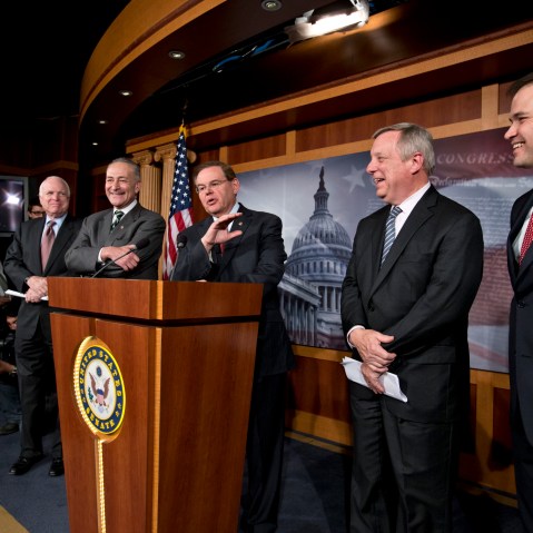 A bipartisan group of leading senators announce that they have reached agreement on the principles of sweeping legislation to rewrite the nation's immigration laws, during a news conference at the Capitol in Washington, Monday, Jan. 28, 2013. (AP Photo...