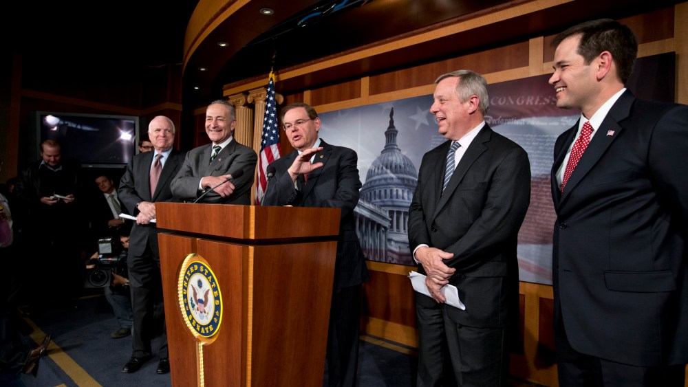 A bipartisan group of leading senators announce that they have reached agreement on the principles of sweeping legislation to rewrite the nation's immigration laws, during a news conference at the Capitol in Washington, Monday, Jan. 28, 2013. (AP Photo...