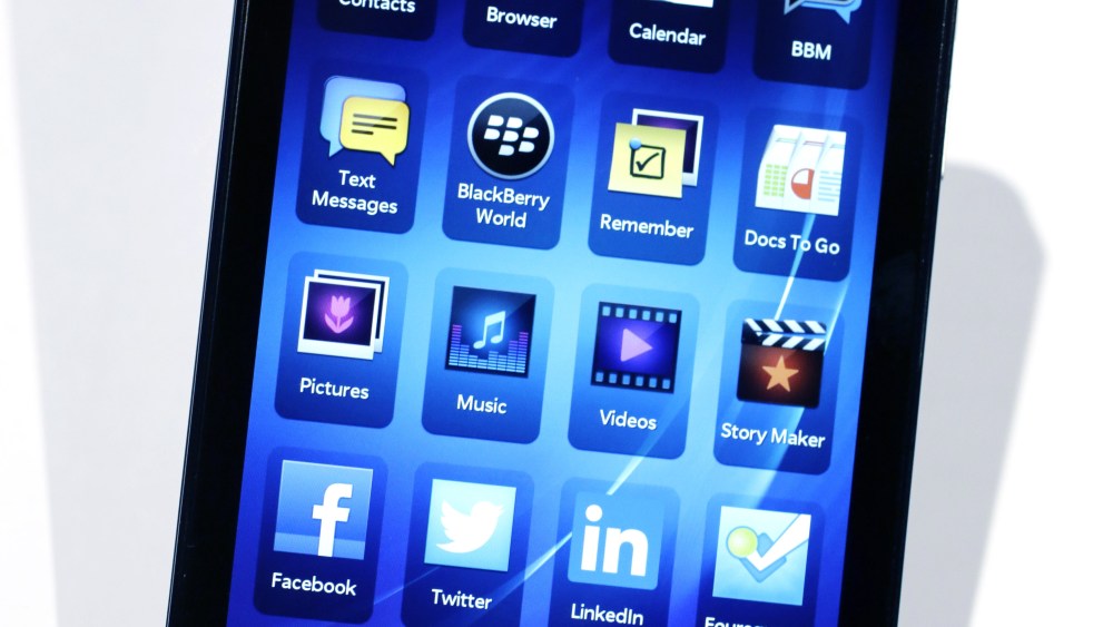 The BlackBerry Z10 is displayed, Wednesday, Jan. 30, 2013 in New York. The maker of the BlackBerry smartphone is promising a speedy browser, a superb typing experience and the ability to keep work and personal identities separate on the same phone, the...