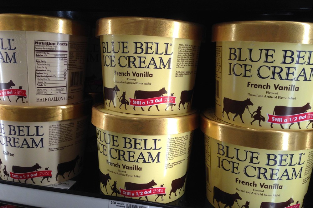 Blue Bell ice cream stands for sale on a grocery store shelf in Lawrence, Kan., on April 10, 2015.