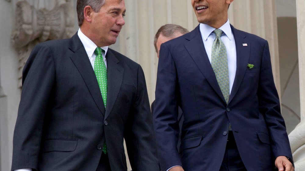 FILE - This March 20, 2012 file photo shows House Speaker John Boehner of Ohio and President Barack Obama walk down the steps of the Capitol in Washington. The people of an intensely divided nation just created a government that looks the same way as...