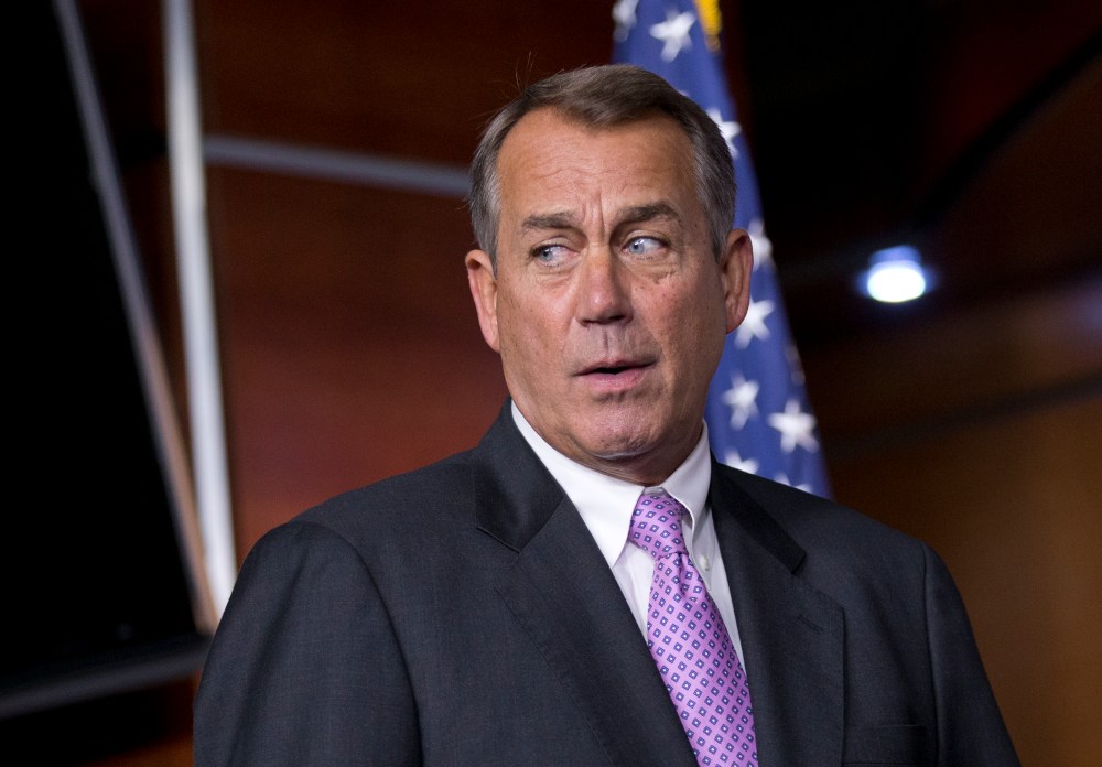 Speaker of the House John Boehner, R-Ohio, meets with reporters as Congress prepares to shut down until after the elections in November, on Capitol Hill in Washington, Friday, Sept. 21, 2012. (AP Photo/J. Scott Applewhite)