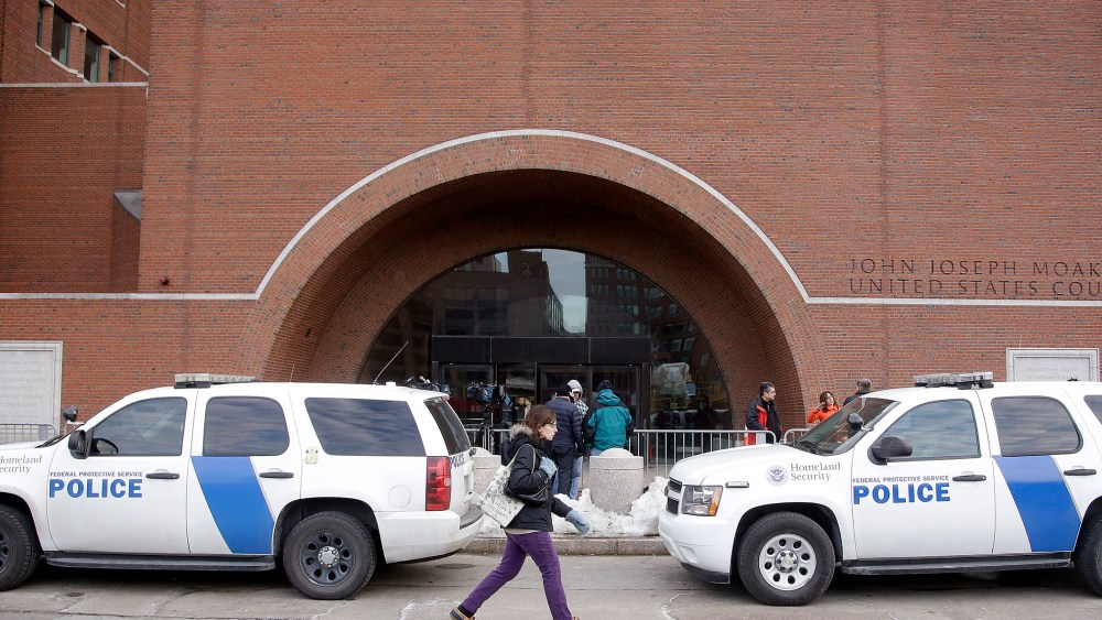 Homeland Security vehicles are staged outside the main doors of the federal courthouse on March 9, 2015, in Boston, during the federal death penalty trial of Dzhokhar Tsarnaev.