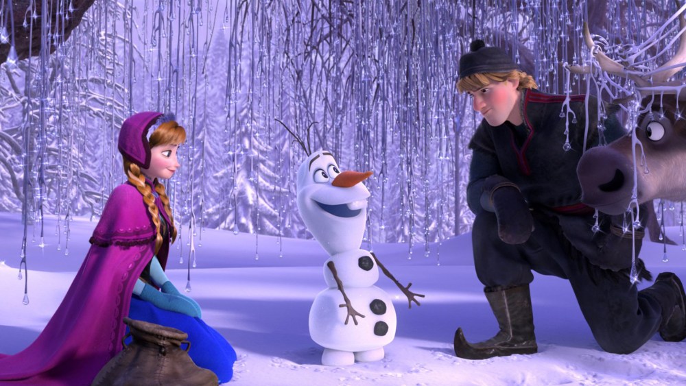 This image released by Disney shows, from left, Anna, voiced by Kristen Bell, Olaf, voiced by Josh Gad, and Kristoff, voiced by Jonathan Groff in a scene from the animated feature "Frozen."