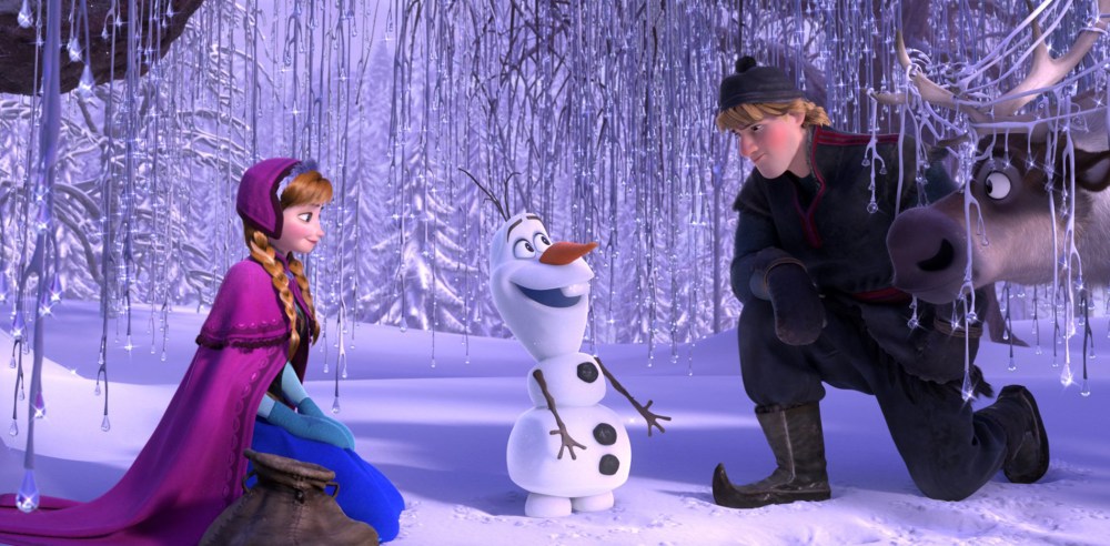 This image released by Disney shows, from left, Anna, voiced by Kristen Bell, Olaf, voiced by Josh Gad, and Kristoff, voiced by Jonathan Groff in a scene from the animated feature "Frozen."