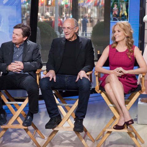 Michael J. Fox (left), Christopher Lloyd (center) and Leah Thompson (right) celebrate "Back to the Future" Day on NBC's "The TODAY Show" on October 21, 2015.
