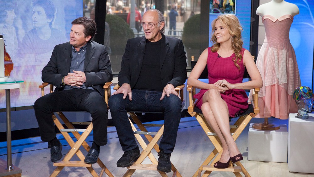 Michael J. Fox (left), Christopher Lloyd (center) and Leah Thompson (right) celebrate "Back to the Future" Day on NBC's "The TODAY Show" on October 21, 2015.