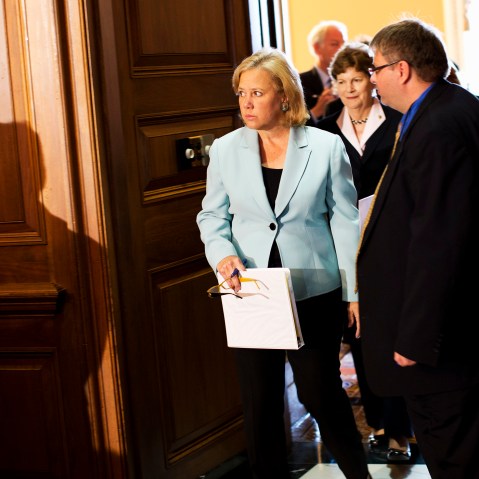 Sen. Mary Landrieu arrives for a news conference on Capitol Hill in Washington, Oct. 3, 2013.