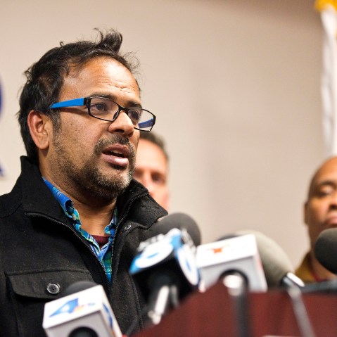 Farhan Khan, brother-in-law of one of the suspects involved in a shooting in San Bernardino, Calif., speaks during a news conference in Anaheim, Calif. (Photo by Matt Masin/The Orange County Register/AP)