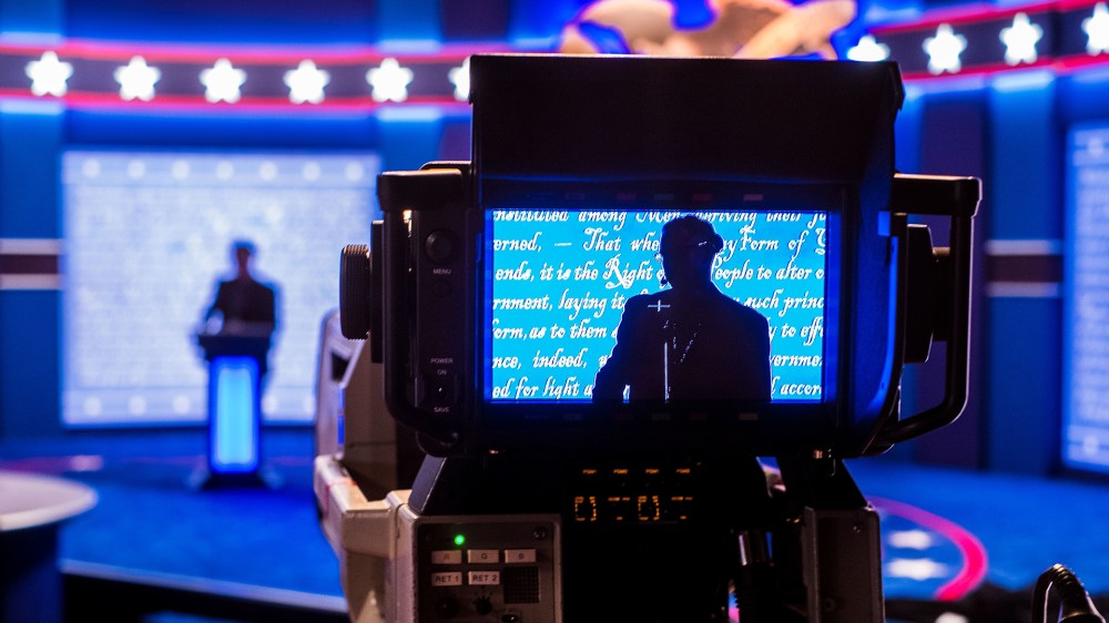 A stand-in for Republican presidential candidate Donald Trump is seen in a television camera monitor as preparations continue on Sept. 25, 2106 for the presidential debate at Hofstra University in Hempstead, N.Y. (Photo by J. David Ake/AP)