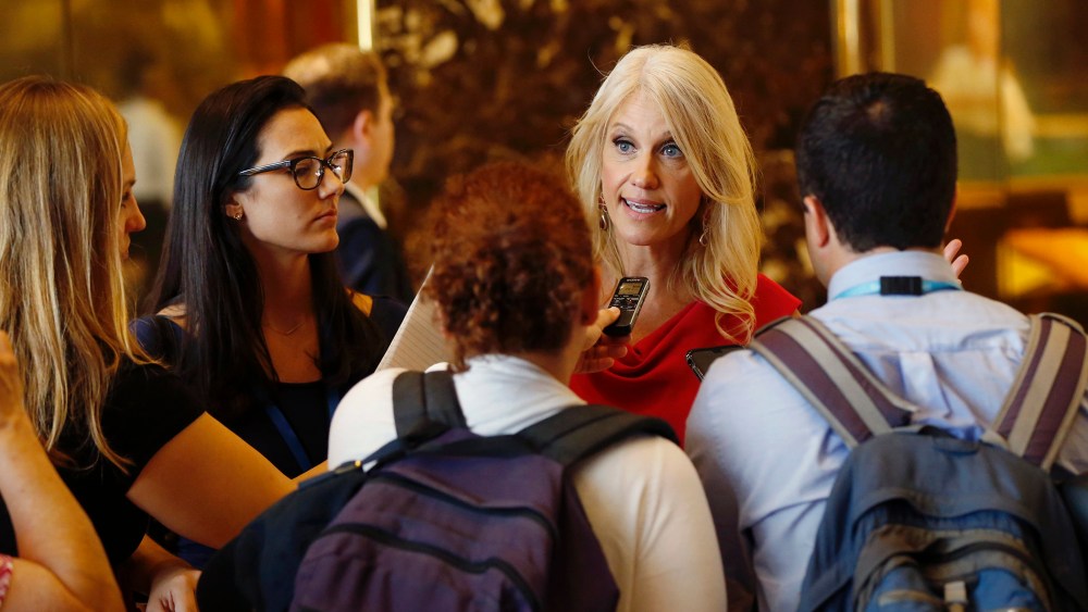 Kellyanne Conway, new campaign manager for Republican presidential candidate Donald Trump, speaks to reporters in the lobby of Trump Tower in New York, Aug. 17, 2016. (Photo by Gerald Herbert/AP)