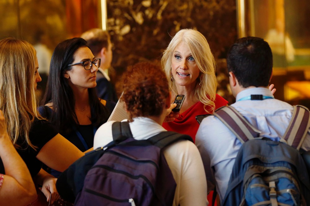 Kellyanne Conway, new campaign manager for Republican presidential candidate Donald Trump, speaks to reporters in the lobby of Trump Tower in New York, Aug. 17, 2016. (Photo by Gerald Herbert/AP)