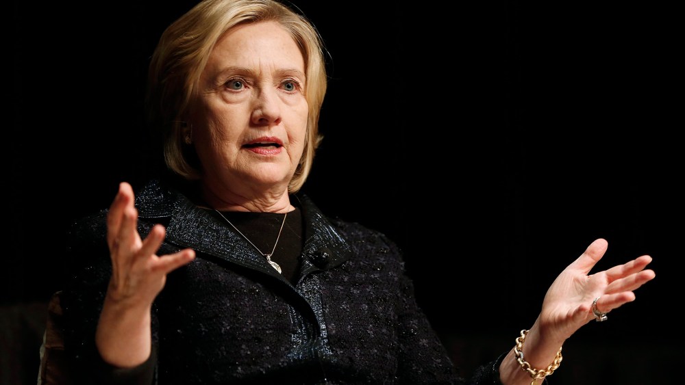 Former U.S. Secretary of State Hillary Rodham Clinton speaks at a Winnipeg Chamber of Commerce luncheon in Winnipeg, Manitoba, on Jan. 21, 2015. (Photo by John Woods/The Canadian Press/AP)