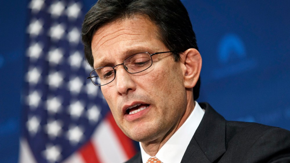 House Majority Leader Eric Cantor tells reporters he intends to resign his leadership post at the end of July,  June 11, 2014.